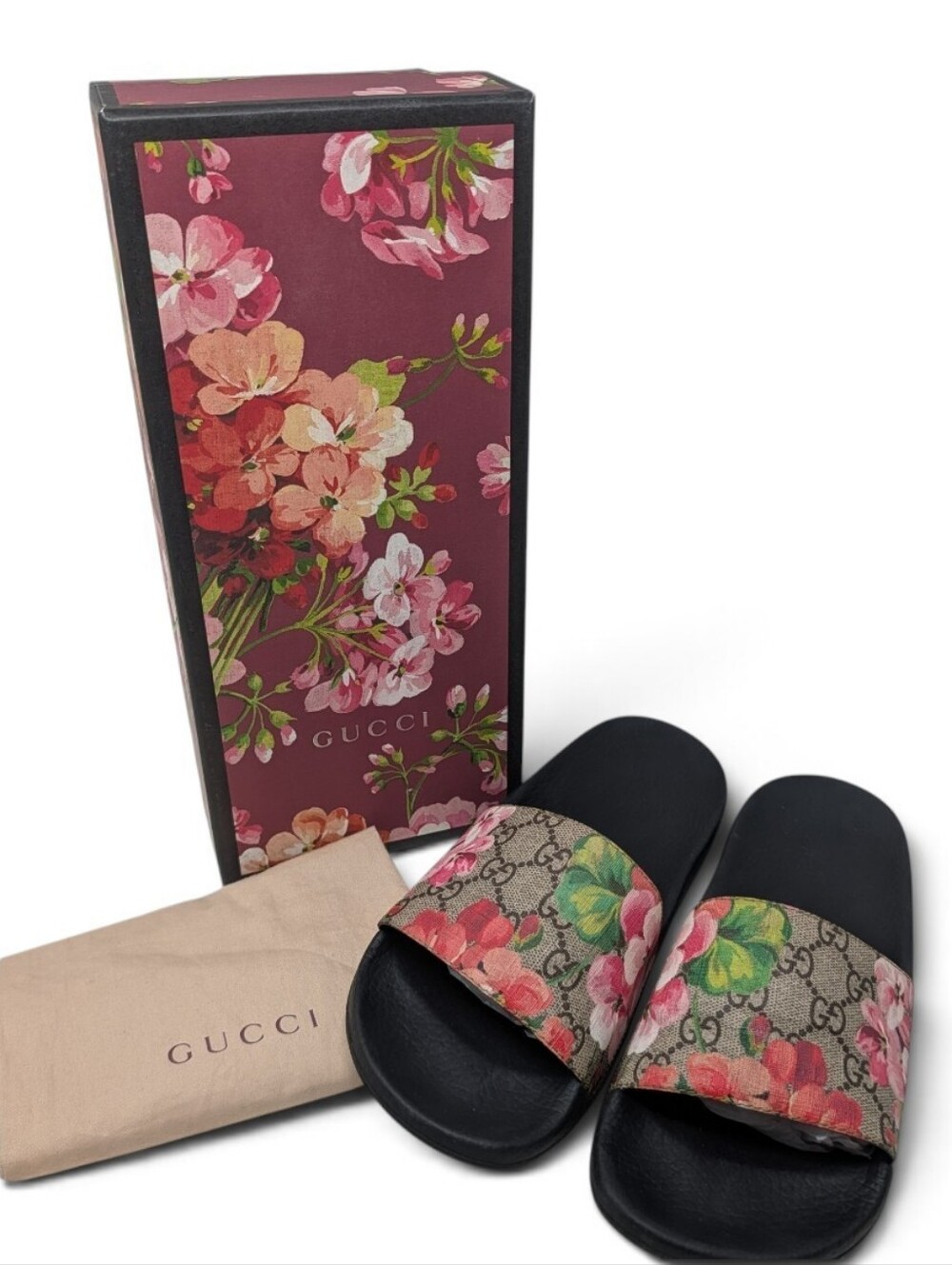 Gucci GG Web Supreme Bloom Pursuit Floral Slide Sandals Size EU 38